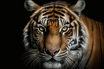 Close up of the face of a tiger on a black background