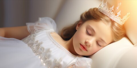Sleeping Princesses with Crowns in a White Bed, Reveling in the Magic of Bedtime Stories