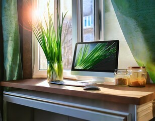 Home office design calming with onion plants