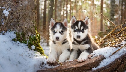 Naklejka na ściany i meble Two husky puppies in snow