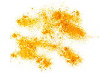Turmeric scattered powder pile isolated on white background and texture, top view, clipping