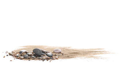 Sand pile scatter with small pebbles isolated on white background and texture, clipping path, side view