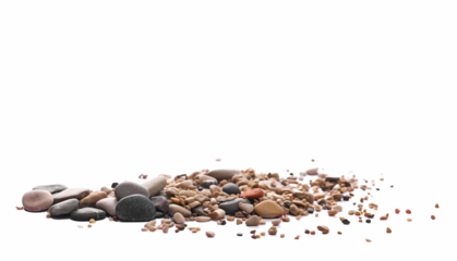 Pile colorful rounded sea pebbles and sand, rocks isolated on white