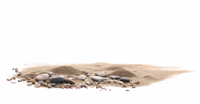 Sand pile scatter with small pebbles isolated on white background and texture, clipping path, side view