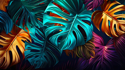 Multicolored leaves of tropical monstera plant background. Postproducted generative AI illustration. - obrazy, fototapety, plakaty