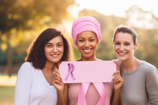 Smiling women from various ethnic backgrounds standing in a natural setting, holding a blank sign to be inscribed, adorned with a pink ribbon to commemorate cancer awareness on World Cancer Day.mockup