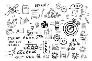 Set of business elements with documents, infographics, diagram, success, start-up, team, good idea, meeting, planning. Great for banner, posters, stickers, professional design. Hand drawn. Doodles