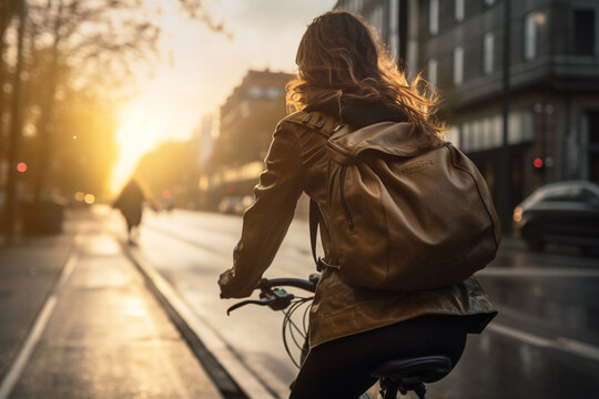 Image photo of a woman cycling, background is a city road