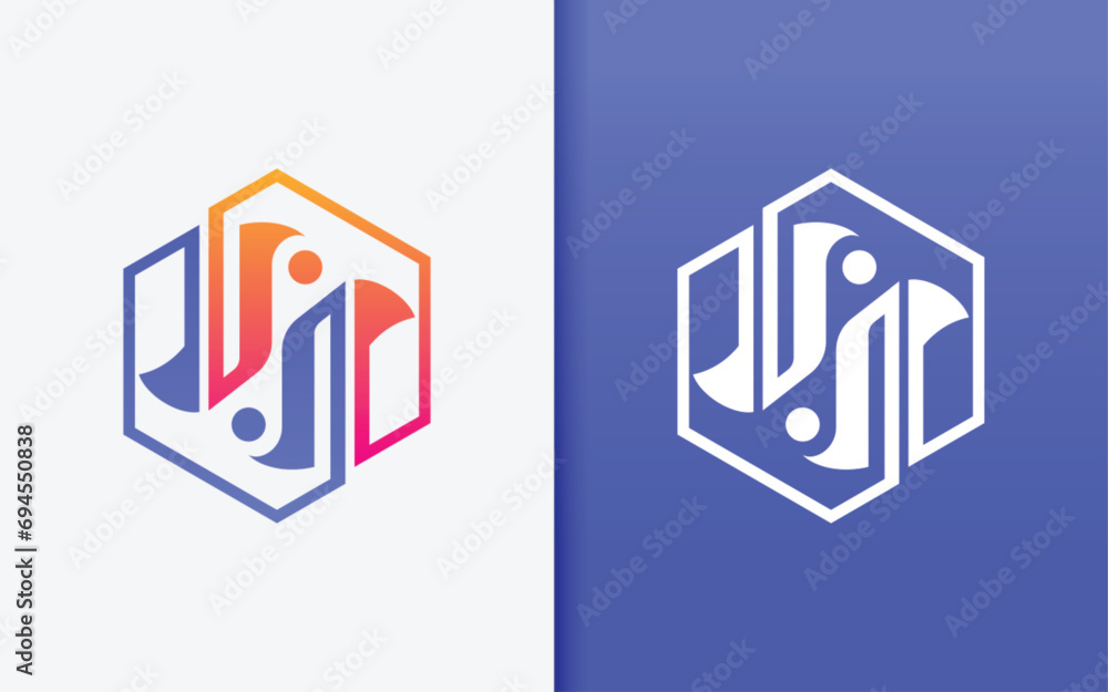Poster hexagon logo with abstract connected people combination with modern style design concept.