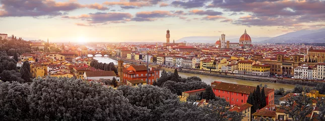 Fotobehang Florence (Firenze, Italy. Sunset panorama. Evening view at ancient city. Famous Ponte Vecchio bridge on river Arno scenic clouds and sky. Duomo Santa Maria del Fiore cathedral, Palazzo Tower © Yasonya