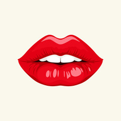 Flat Vector Red Female Lips Icon Closeup. Woman Lips Giving Kisses. Kiss, Love, Sexy and Beauty Concept. Modern Pop Art Cartoon Comic Style, Simple Design