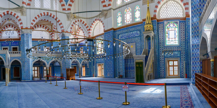 Interior of Rustem Pasa Mosque in Istanbul. Famous Rustem pasha mosque interior. Iznik blue tiles. Rustem Pasa Mosque most beautiful and classical Iznik tiles dating back to 16th century.