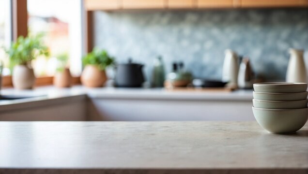 Blurred Kitchen Countertop on Empty Ceramic Table Background, Ceramic Table