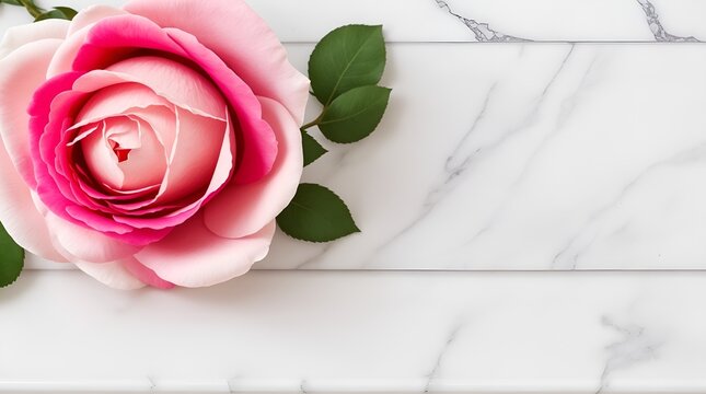 beautiful pink rose flowers on a marble table - copy space