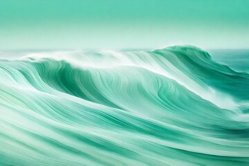 Waves sculpted in shades of soft jade and aquamarine against a background of gentle sky blues and muted greens, reflecting the soothing whispers of a gentle sea breeze.