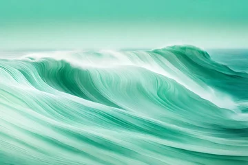 Tafelkleed Waves sculpted in shades of soft jade and aquamarine against a background of gentle sky blues and muted greens, reflecting the soothing whispers of a gentle sea breeze. © Sidra