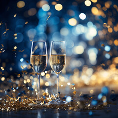 Champagne Toast Celebration New Years Elegance with Golden Glitter and Blue Bokeh