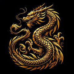 Fototapeta premium Illustration of Golden Chinese Dragon on Black Background