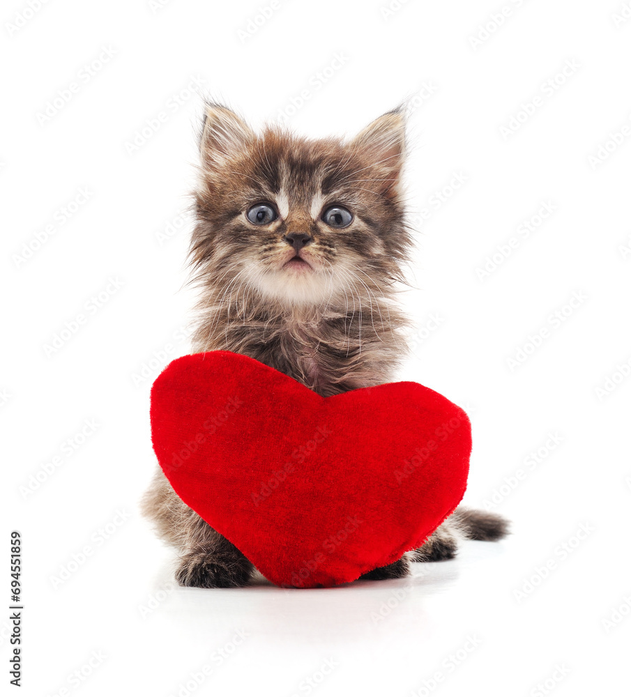 Sticker kitten with toy heart.