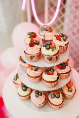 A plate of cupcakes decorated with white and pink cream with berries. 