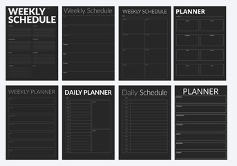 A collection of black planner pages in a minimalistic style. A modern business organizer with notes and goals. Planner page template.