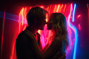 A man and a woman slow dance and kiss under neon lights at a party