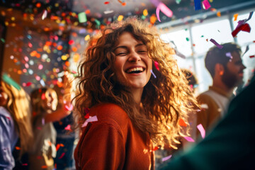 Festive house party, dynamic shot of friends dancing in a well-lit living room, laughter and energy filling the air, colorful decorations and confetti.