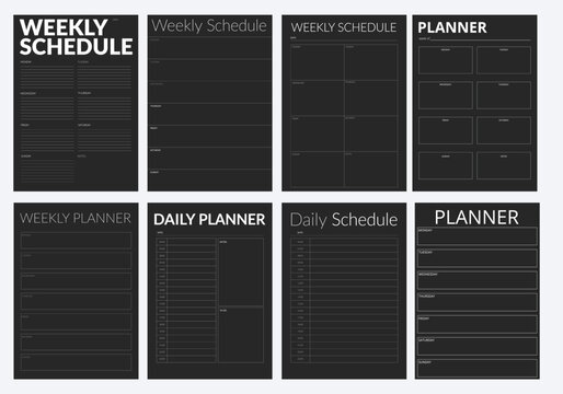 A collection of black planner pages in a minimalistic style. A modern business organizer with notes and goals. Planner page template.