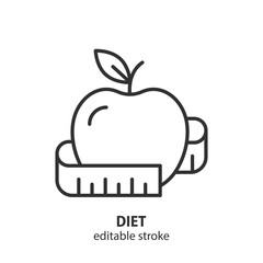 Diet line icon. Apple and measuring tape. Weight loss vector symbol. Editable stroke.