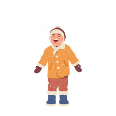 Happy cheerful preschool boy child with open mouth catching cold fresh snow falling from sky