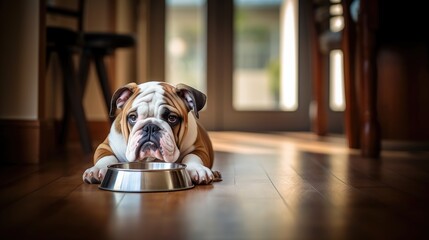 Photo of an English bulldog dog lying by a bowl of food in the house