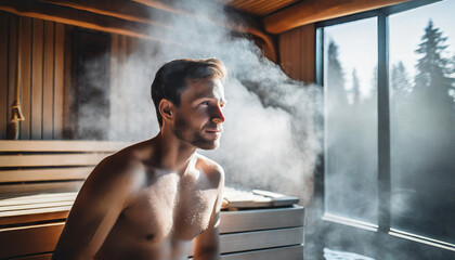 uomo nordico in sauna  - obrazy, fototapety, plakaty