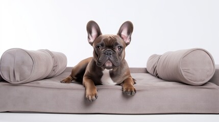 Photo of a French bulldog dog lying on a sofa, light background
