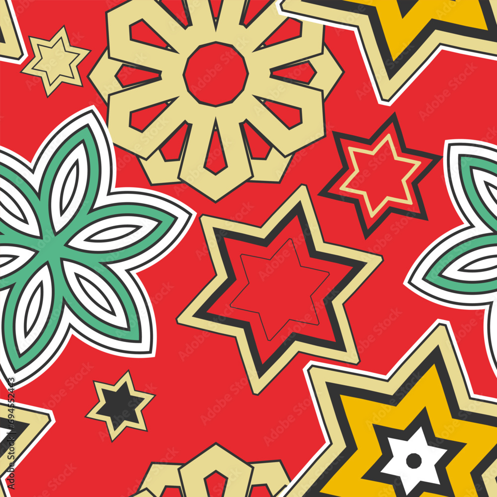 Aufkleber seamless graphic pattern with various decorative elements randomly scattered on a red background. ve