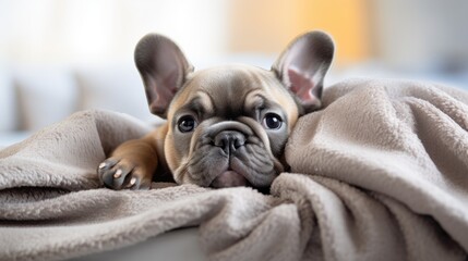 A photo of a small French bulldog puppy with expressive eyes lying under a blanket