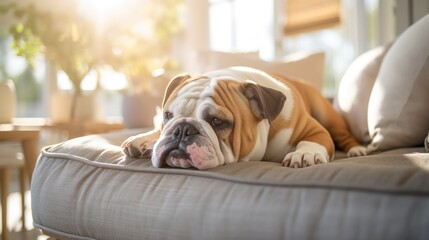 Photo of a red-and-white English bulldog lying on a light sofa in a sunny room