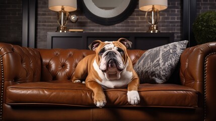 Photo of a brutal English bulldog lying on a dark leather sofa in the house