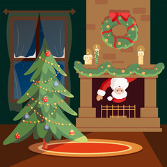 Santa Claus looks out from the fireplace. Room interior with christmas decorations.
Flat cartoon style vector illustration. For Christmas cards. Holiday cartoon character