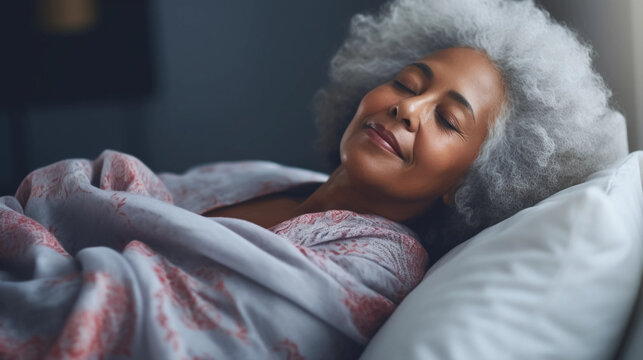 copy space, elderly black woman taking a nap on a pillow on background. National Napping Day. retired black woman resting while tired. Peaceful scene.