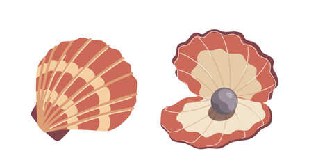 Closed, opened scallop seashell with lustrous black pearls vector illustration set isolated on white