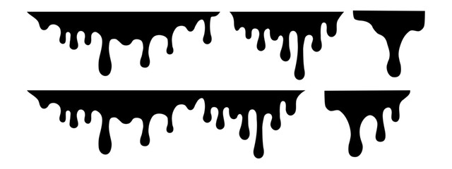 Black melt drops. Flowing liquid dripping from above. Hand drawn liquid paint drops on an isolated background. Flowing, spilling, dripping. Vector illustration EPS 10