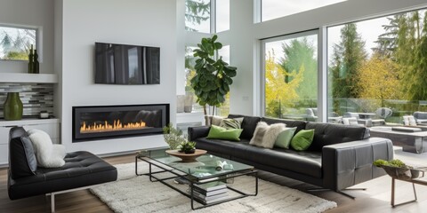 Furnished open concept living room with large sectional sofa, black leather armchairs, electric fireplace, big windows, and green accents.