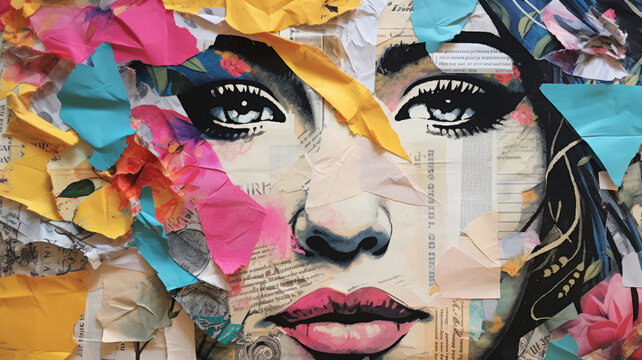 Old wrinkled grunge ripped torn placard posters background. Remains of torn poster with woman face on wall - Powered by Adobe