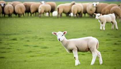 Obraz premium White lamb in field in front of other animals
