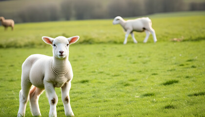Fototapeta premium White lamb in field in front of other animals