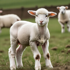 White lamb in field in front of other animals