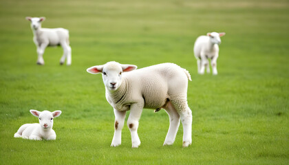 White lamb in field in front of other animals
