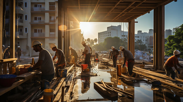 Safe and Productive Construction Site with Workers Wearing Safety Helmets
