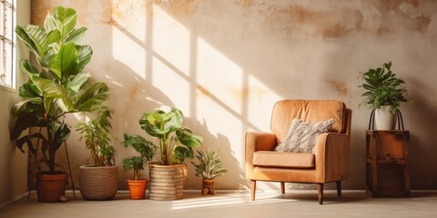 Cozy living room with armchair, houseplants, and vintage carpet