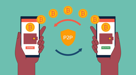 Digital Wallet Progress, Advancing Financial Tech for Peer-to-Peer Mobile Transactions with Bitcoin, Vector Flat Illustration Design - obrazy, fototapety, plakaty